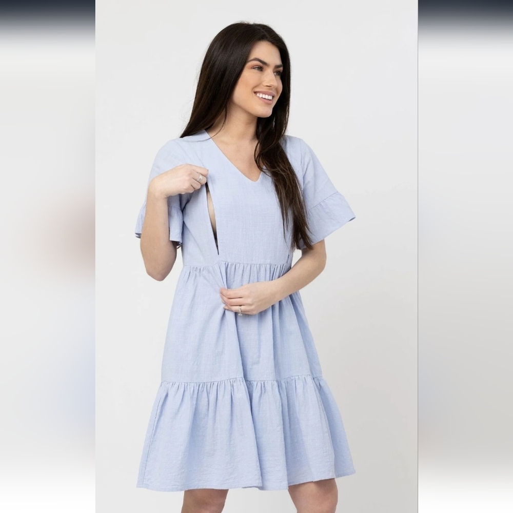 Nursing Queen Light Blue V-Neck Dress With Double Zip.